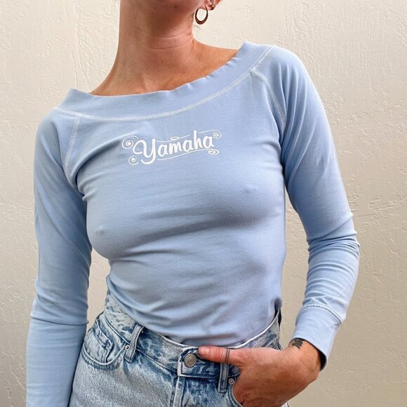 Y2K Baby Blue Yamaha Graphic Logo Long Sleeve Stretch Knit Tee - Picture 3 of 6